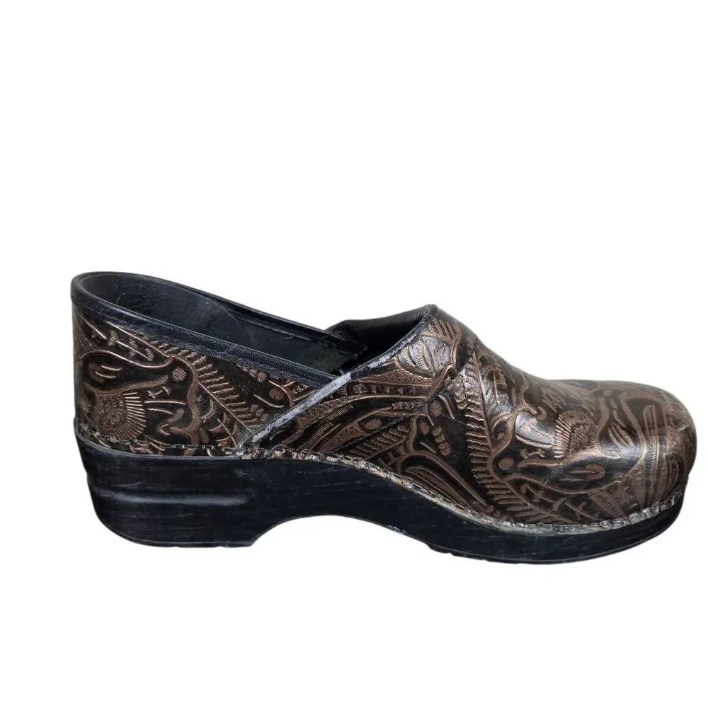 Dansko Floral Tooled Clogs Sz 41 US 10.5 - 11 Brown Leather Comfort
